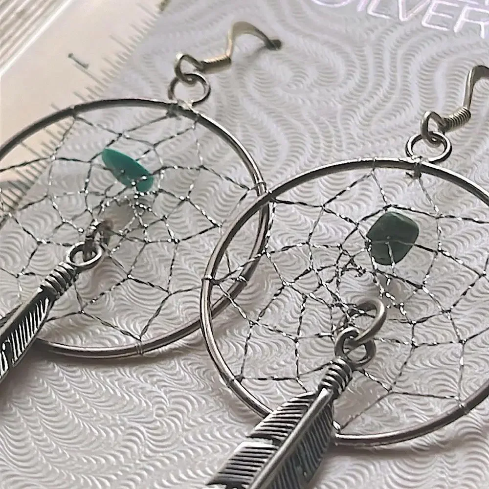 Vintage-New Bohemian Dreamcatcher Earrings - Sterling Silver and Turquoise‎